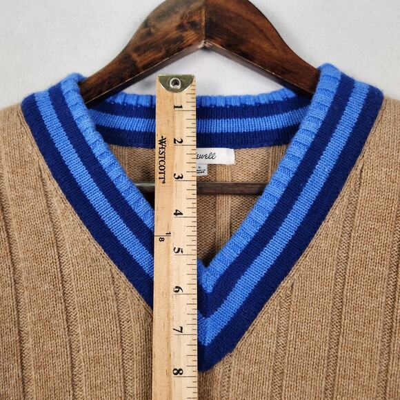 Madewell Tipped V-Neck Oversized Sweater in Tan With Blue V-Neck SZ SM Wool Blnd - Picture 10 of 13